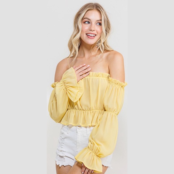 Tops - Yellow Long Sleeve Off The Shoulder Wooldobby Top